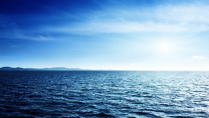 океанска вода, вода, море, хоризонт, вълни, циан, синьо, ясно небе, HD тапет
