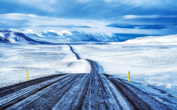 alone, clouds, nature, landscape, road, snow, mountains, HD wallpaper