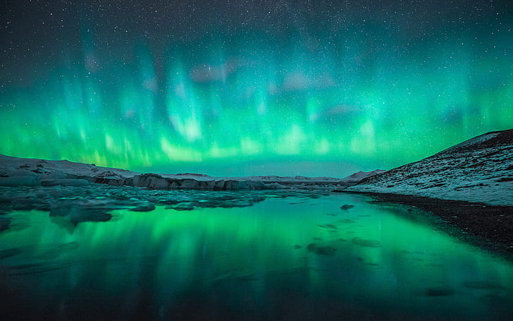 Aurora Borealis Northern Lights Night Green Stars Ice HD, природа, нощ, зелено, звезди, светлини, лед, полярно сияние, бореалис, северно, HD тапет