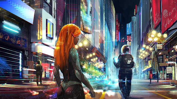 3D girl in city wallpaper, woman with orange hair animated character on street, Sina Pakzad Kasra, night, lights, futuristic, artwork, science fiction, HD wallpaper