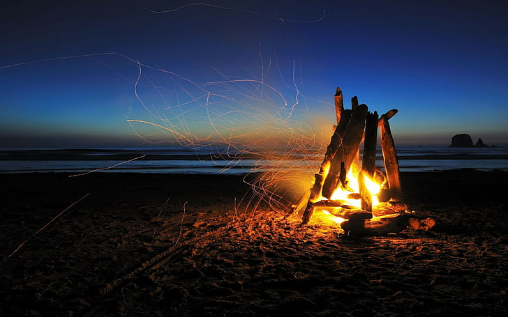 feu, longue exposition, plage, ciel, nature, sable, rivage, nuit, Fond d'écran HD