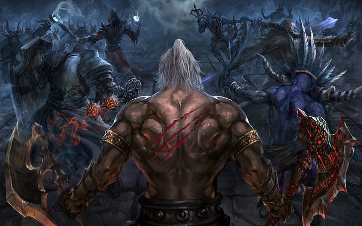 Sfondo di Diablo III Reaper of Souls, uomo con due asce e mostri, Diablo 3, Reaper of Souls, Sfondo HD