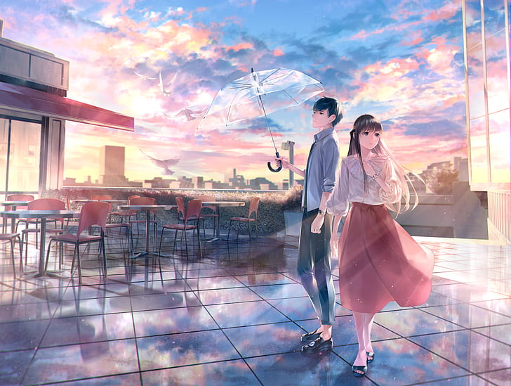 casal de anime, telhado, guarda-chuva transparente, nuvens, romance, anime, HD papel de parede