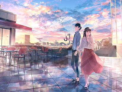аниме пара, на крыше, прозрачный зонт, облака, романтика, аниме, HD обои HD wallpaper