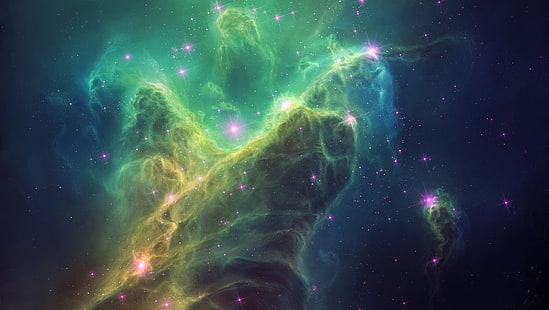 grüner, blauer und gelber Himmel, Raum, Sterne, Raumkunst, Nebel, TylerCreatesWorlds, HD-Hintergrundbild HD wallpaper