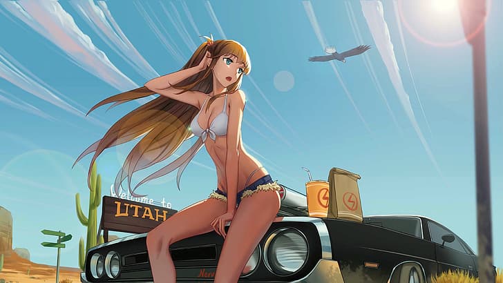 anime girls, white bikini, blonde, car, clear sky, HD wallpaper