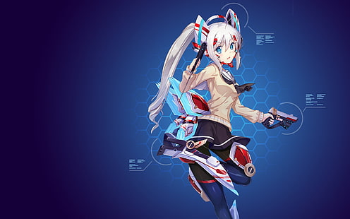 Anime, Anime Girls, Mecha Girls, Rüstung, Waffe, Waffe, Rock, Pullover, lange Haare, graue Haare, blaue Augen, HD-Hintergrundbild HD wallpaper