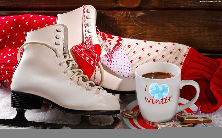 Happy New Year White Skating Shoes With Coffee Cup, white and black leather boots; white ceramic mug, new year, white, skating, shoes, coffee, HD wallpaper