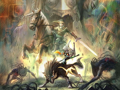 Zelda, The Legend Of Zelda: Twilight Princess, Epona (The Legend of Zelda), Link, Midna (The Legend of Zelda), Wolf Link, Sfondo HD HD wallpaper