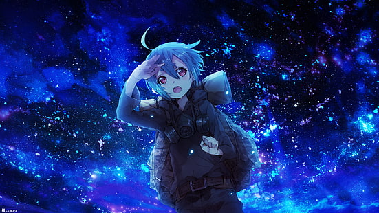 Anime, originale, capelli blu, notte, occhi rossi, stelle, Sfondo HD HD wallpaper