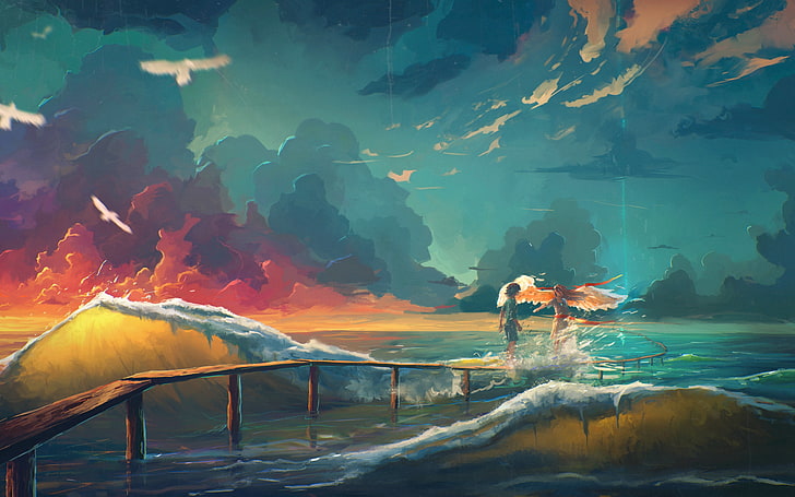 anak laki-laki berjalan di jembatan dekat lukisan gunung, seni fantasi, Wallpaper HD
