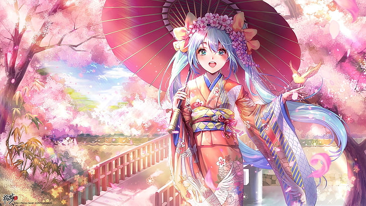 Anime, Anime Girls, Vocaloid, Hatsune Miku, Aqua-Haare, Aqua-Augen, japanische Kleidung, lange Haare, Twintails, Kimono, HD-Hintergrundbild