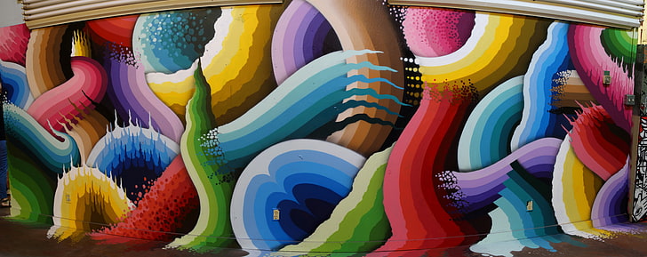 Colored Graffiti Art, multicolored wallpaper, Artistic, Graffiti, Color, Street, California, Santa, Vision, canon, Warehouse, panorama, sonoma, unitedstates, rosa, streetart, outoforderexhibit, santarosa, HD wallpaper