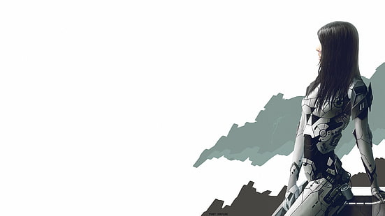 Futuristico, Cyberpunk, ragazza, armatura, illustrazione di robot femminile dai capelli neri, futuristico, cyberpunk, ragazza, armatura, Sfondo HD HD wallpaper