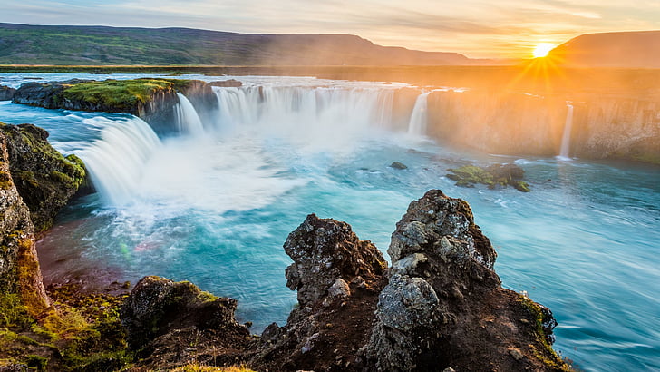 waterfall, water, godafoss, nature, body of water, sky, rock, travel, formation, landscape, coast, cliff, reykjavik, iceland, HD wallpaper