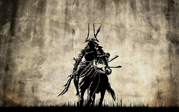samurai riding horse wallpaper, ancient, old, warrior, horse, fantasy art, weapon, sword, grass, crown, Mongols, Bozkurt, Mongolian, Turkish, HD wallpaper