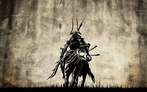 samurai riding horse wallpaper, ancient, old, warrior, horse, fantasy art, weapon, sword, grass, crown, Mongols, Bozkurt, Mongolian, Turkish, HD wallpaper HD wallpaper