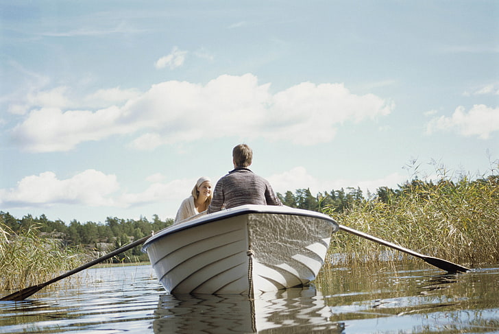 white wooden boat, couple, love, romance, river, boat, nature, relaxation, HD wallpaper