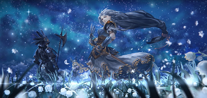 fond d'écran anime, épée, armure, étoiles, fleurs, Pixiv Fantasia, Profil Valkyrie, Profil Valkyrie 2: Silmeria, Fond d'écran HD
