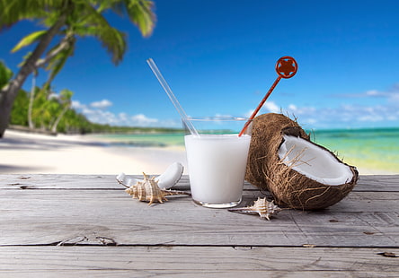 кокосовый сок, море, пляж, пальмы, кокос, коктейль, ракушка, HD обои HD wallpaper