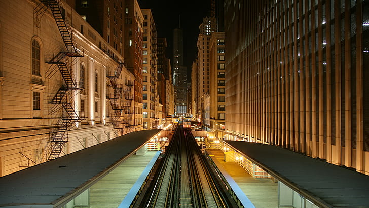 kentsel, metro, gece, bina, şehir ışıkları, tren istasyonu, Chicago, demiryolu, şehir, HD masaüstü duvar kağıdı