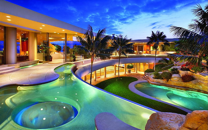 casa, palmeiras, villa, piscina, pedras. exterior, desigen, hous, hoome, HD papel de parede
