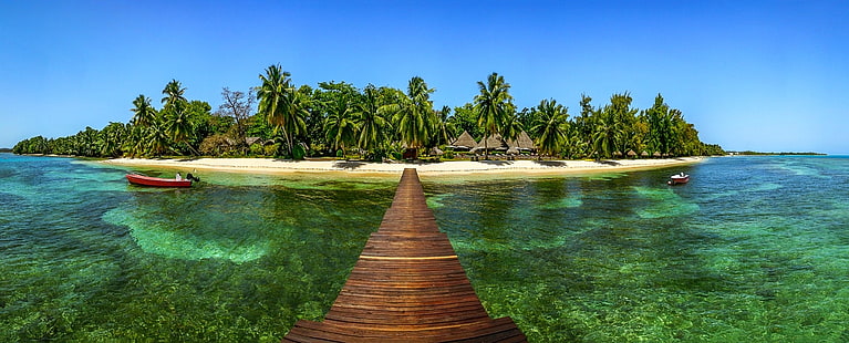 бежевый остров, природа, пейзаж, док, остров, пальмы, пляж, лодка, лето, тропический, море, HD обои HD wallpaper