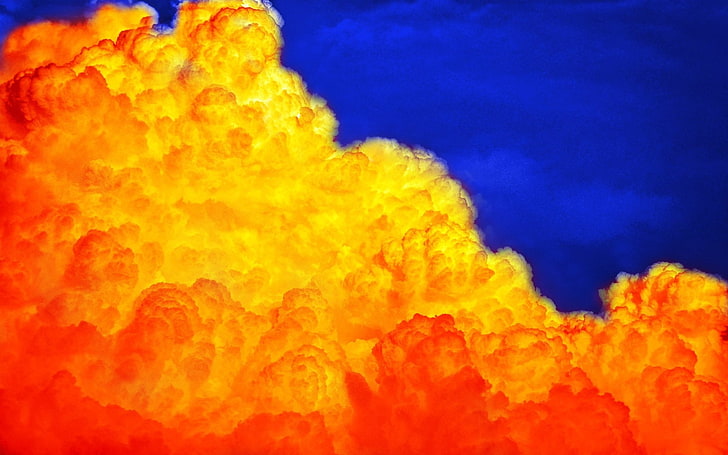 yellow clouds, Artistic, Cloud, Abstract, Blue, Fire, Orange, Red, Sky, Yellow, HD wallpaper