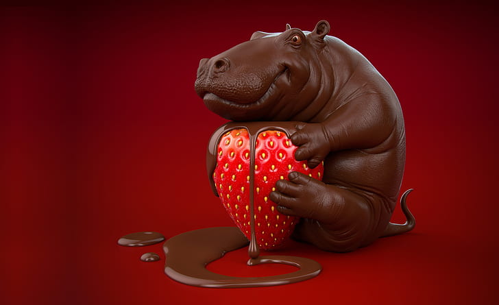 rendering, mood, the sweetness, food, chocolate, strawberry, yummy, Victoria, Hippo, berry, Kappl, Chocolate hippo, Jirka Krivanek, HD wallpaper