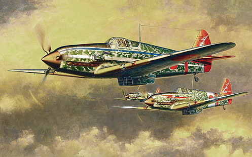 biplan hijau, pesawat terbang, perang, seni, lukisan, penerbangan, gambar, ww2, pesawat jepang, Kawasaki KI-61 Hien Tipe I-Hei, pejuang Jepang, Wallpaper HD HD wallpaper