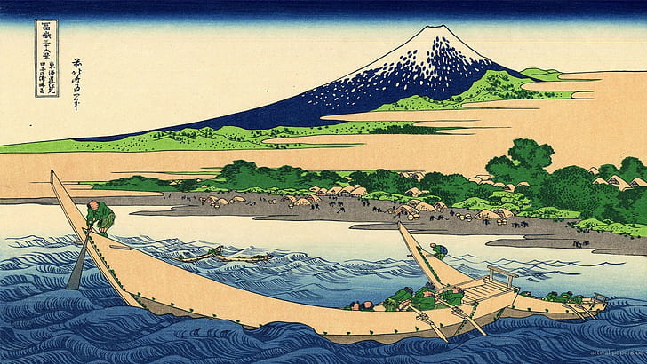 Hokusai, lansekap, balok kayu, Wallpaper HD