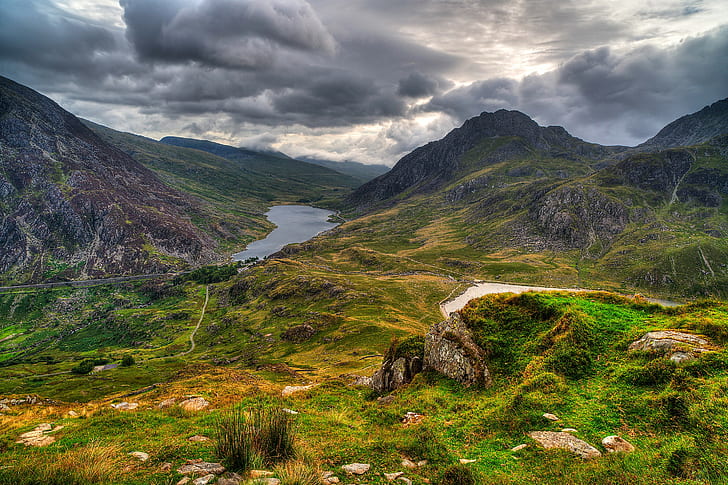 Snowdonia, Great Britain, Snowdonia, Great Britain, forest, trees, mountains, Lake, sky, clouds, rocks, grass, Nature, HD wallpaper