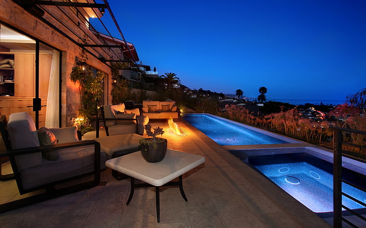brown and black wooden table, night, swimming pool, vacation, tropical, mansions, California, HD wallpaper
