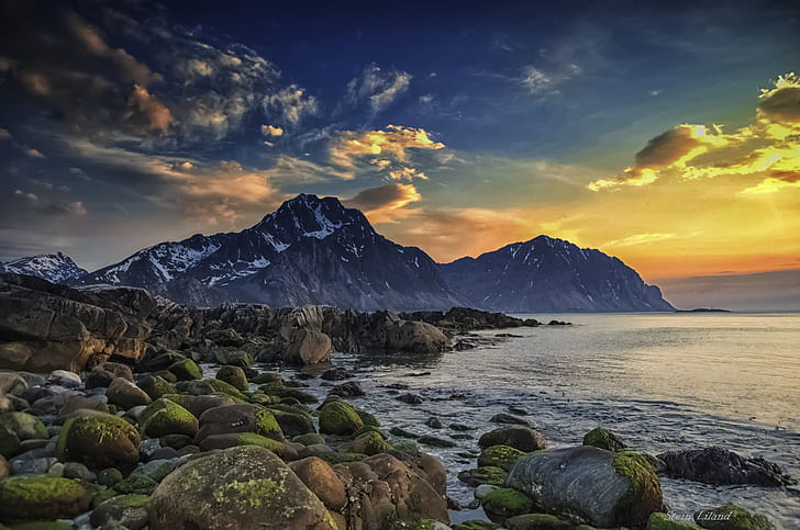 Earth, Seashore, Arctic, Boulders, Lofoten Islands, Mountain, Norway, Scandinavia, Sea, Sky, Spring, HD wallpaper
