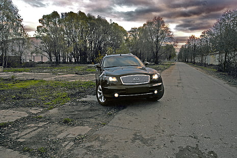 black Infiniti FX35 SUV, HDR, Road, Trees, Infiniti fx35, HD wallpaper HD wallpaper