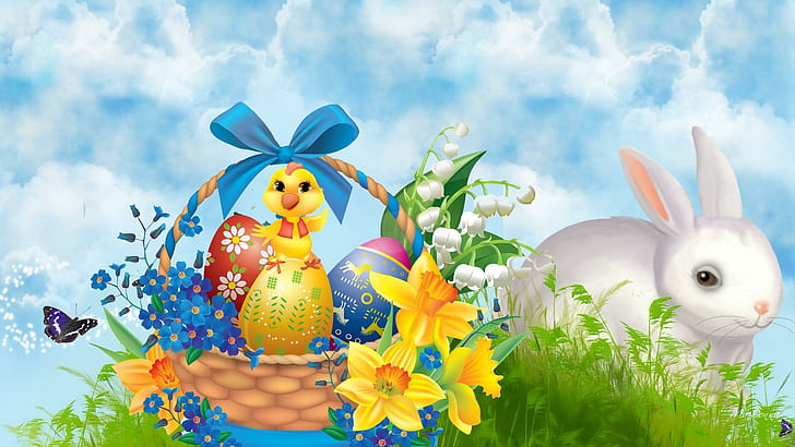 Easter Bunny Chick, ribbon, bunny, grass, chick, flowers, spring, sunday, rabbit, easter, chicken, eggs, baske, HD wallpaper