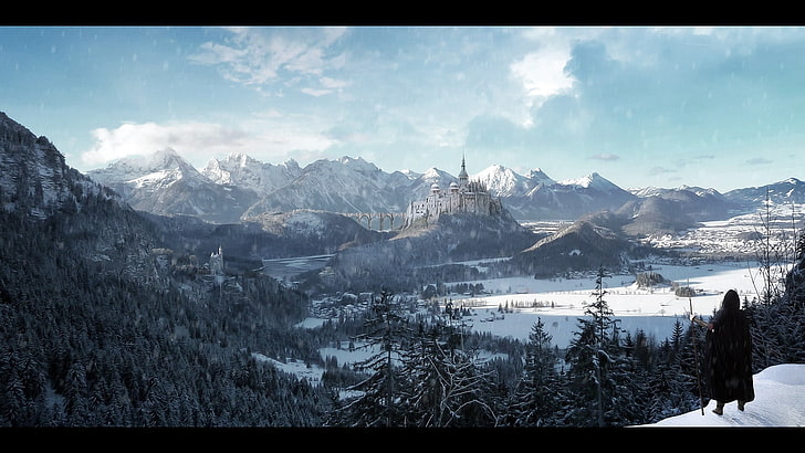 pine trees and mountains, snow, mountains, fantasy art, HD wallpaper