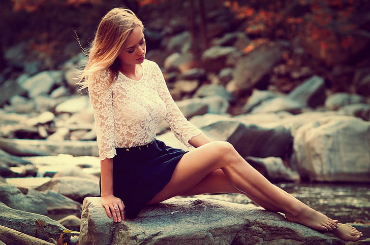 women hair legs blonde dress skirt model nature hill lake sitting karolina debczynska, HD wallpaper