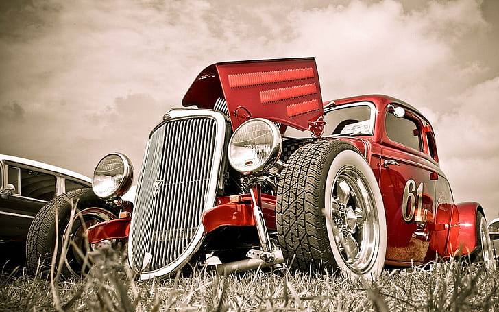 Hot Rod Red, rote Hotrod, Furt, weiße Wand, Klassiker, Autos, HD-Hintergrundbild