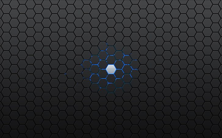 fond d'écran numérique éclairé en noir et bleu, Android (système d'exploitation), hexagone, géométrie, bleu, gris, œuvres d'art, art numérique, abstrait, Fond d'écran HD