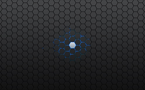 fond d'écran numérique éclairé en noir et bleu, Android (système d'exploitation), hexagone, géométrie, bleu, gris, œuvres d'art, art numérique, abstrait, Fond d'écran HD HD wallpaper