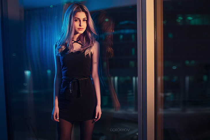 women's black rompers, girl, reflection, window, woman, Galina Rover, Galeine Rover, HD wallpaper