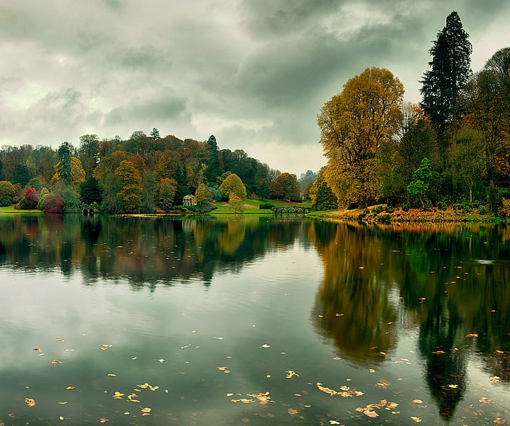 الخريف ، الأشجار ، النهر ، يقع من خلال العدسة، خلفية HD