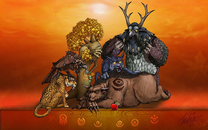 illustration av fyra djur, druider, videospel, World of Warcraft, djur, HD tapet