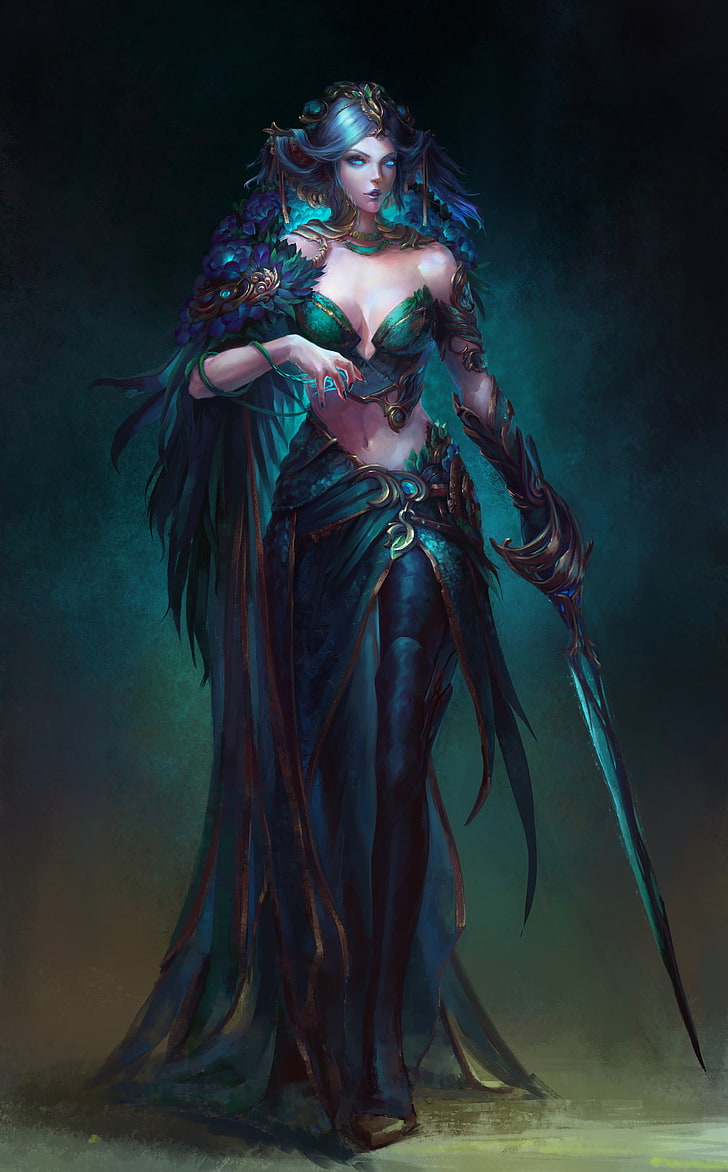 ilustracja kobieta, sztuka fantasy, wojownik, magia, miecz, Tapety HD, tapety na telefon