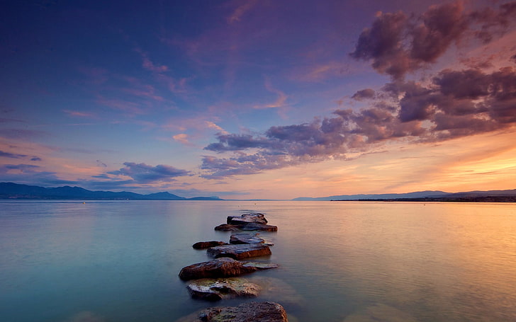 gray boulders and body of water, stones, path, sea, clouds, silence, HD wallpaper