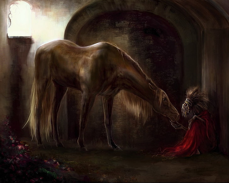 brown horse painting, horse, stable, skeleton, damnation, HD wallpaper