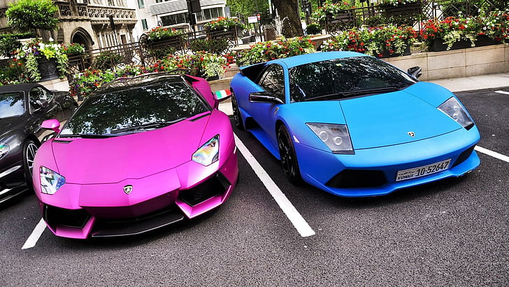 Pink Blue Lamborghinis, parked, blue, cars, pink, HD wallpaper