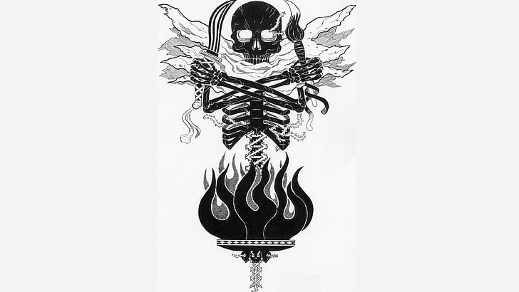 ilustración esqueleto negro, anime, esqueleto, flambeau, antorcha humana, bufanda, fuego, cuchillo, fondo simple, negro, blanco, cráneo, Fondo de pantalla HD