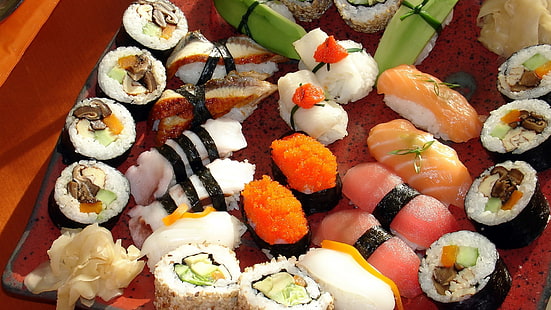 sushi platter, sushi, food, caviar, dishes, Japanese, HD wallpaper HD wallpaper